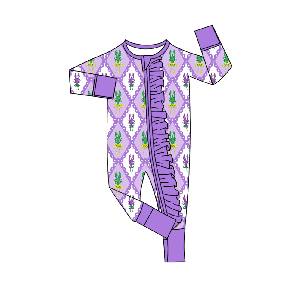 purple yellow green crab print baby girl long sleeve romper