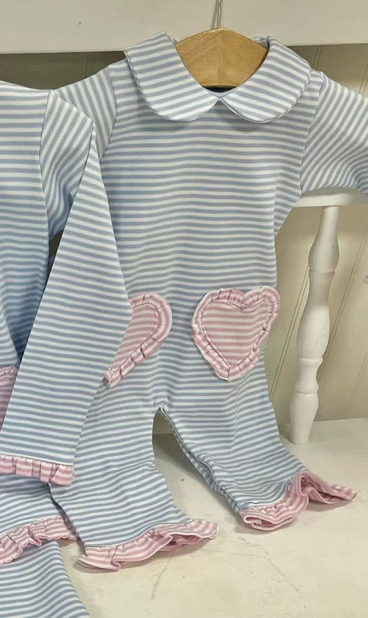 blue stripe print baby girl long sleeve romper