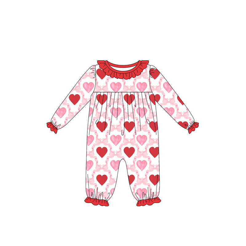 pink red valentine print baby girl long sleeve romper