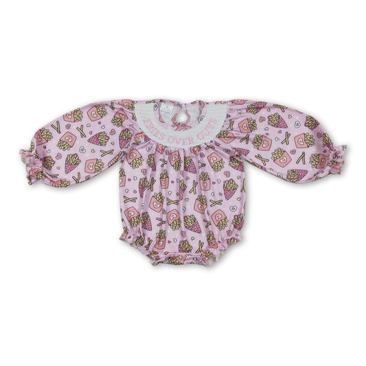 Long sleeves heart fries smocked baby girls Valentine's romper
