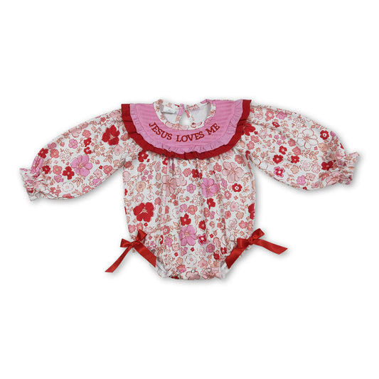 Long sleeves floral jesus loves me girls valentine's romper