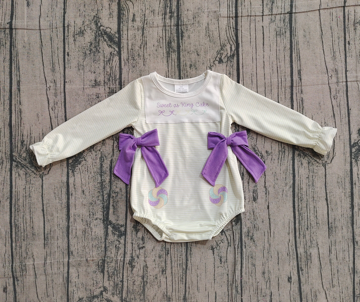 Long sleeves donut bow baby girls Mardi Gras romper