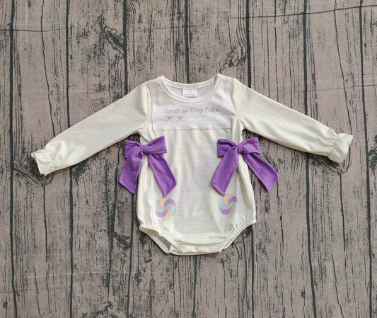 Long sleeves donut bow baby girls Mardi Gras romper