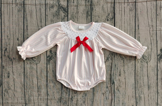 Long sleeves stripe red bow baby girls romper
