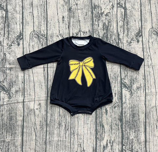 Black long sleeves softball bow baby girls romper