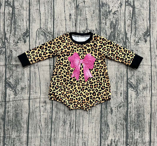 Long sleeves leopard pink bow baby girls romper