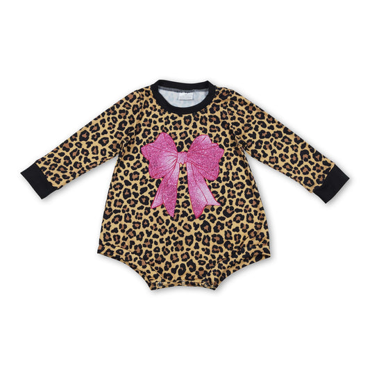 Long sleeves leopard pink bow baby girls romper