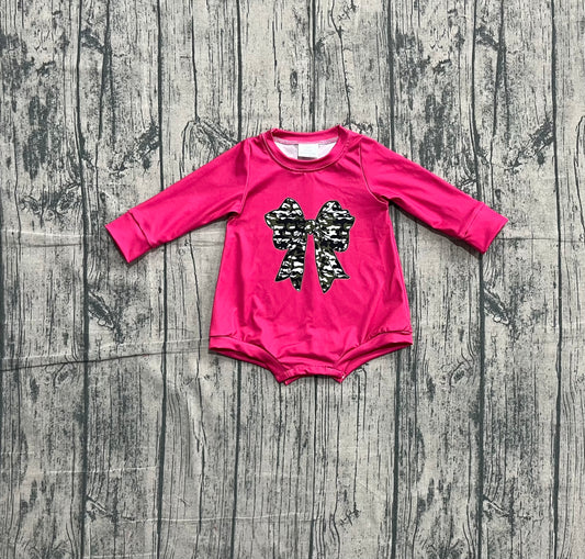 Hot pink long sleeves camo bow baby girls romper