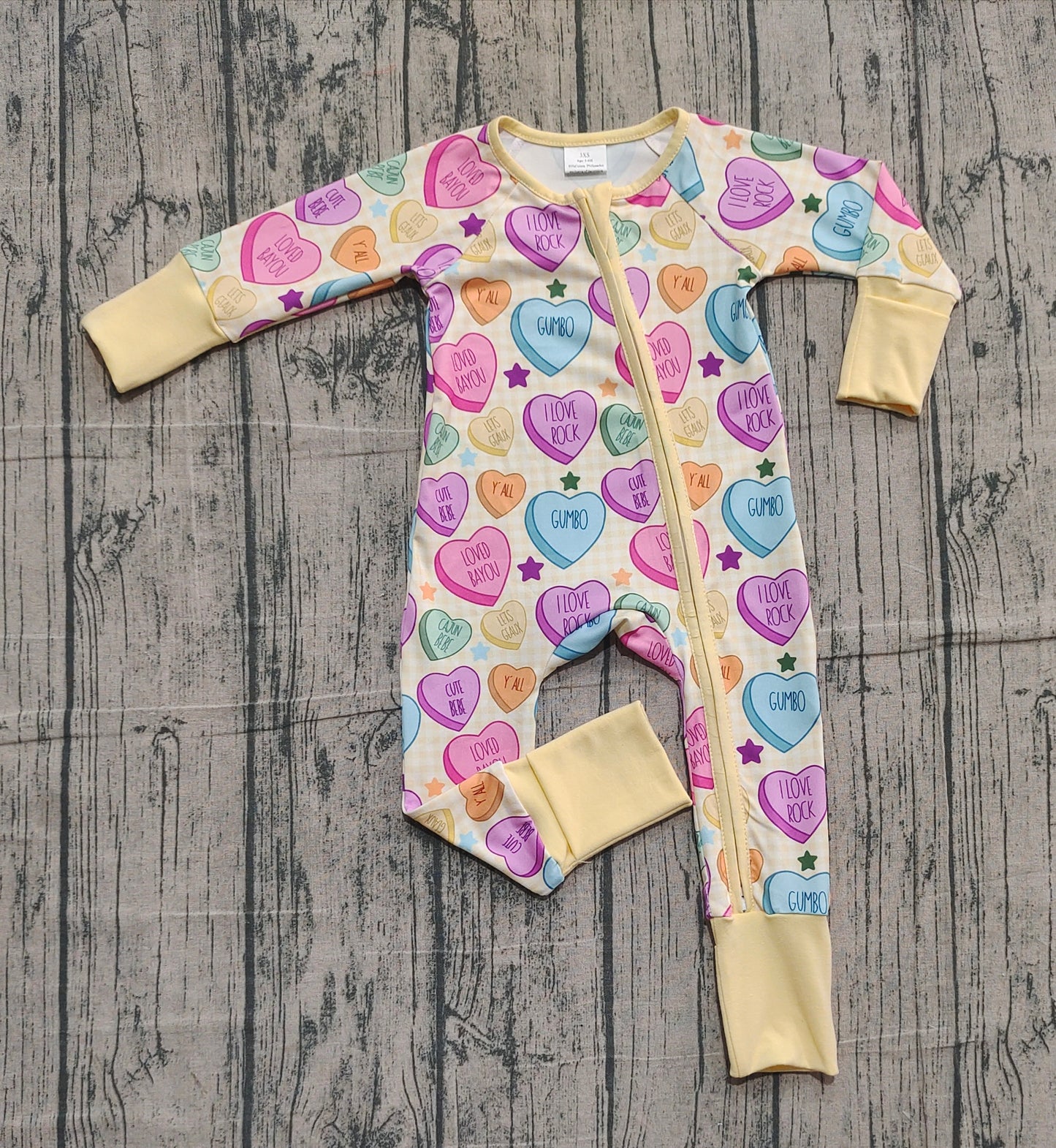 Long sleeves yellow plaid heart baby girls valentine's romper