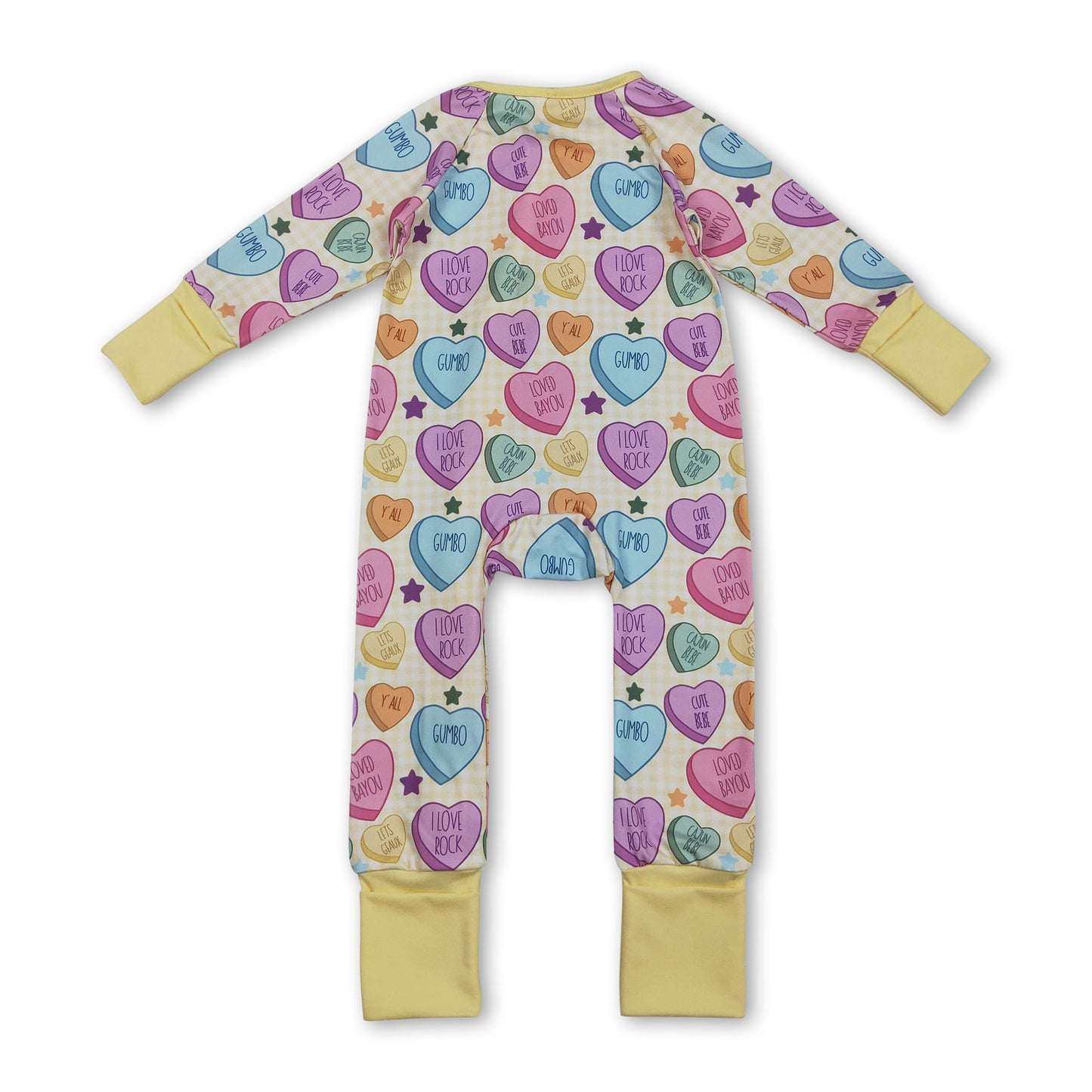 Long sleeves yellow plaid heart baby girls valentine's romper