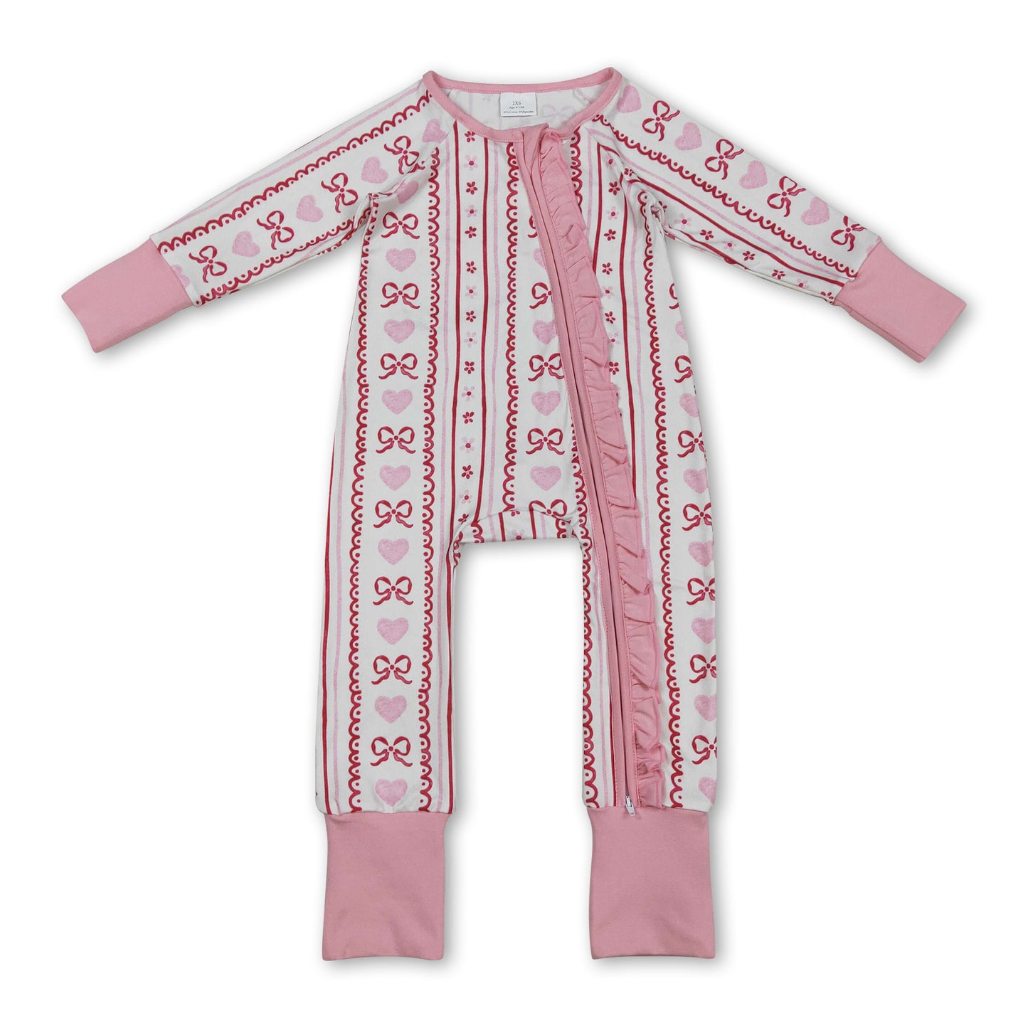 Long sleeves pink bow heart baby girls valentine's zip romper