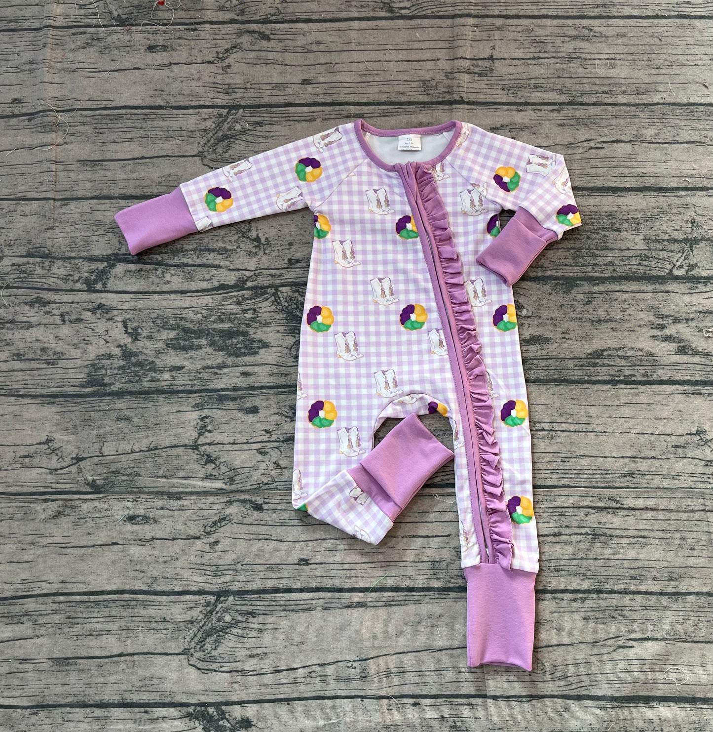 Plaid donut boots baby girls Mardi Gras zipper romper