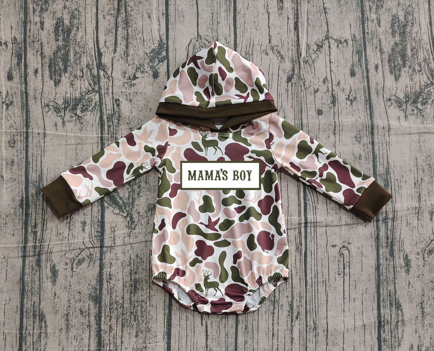 Mama's boy duck deer dog camo baby hoodied romper