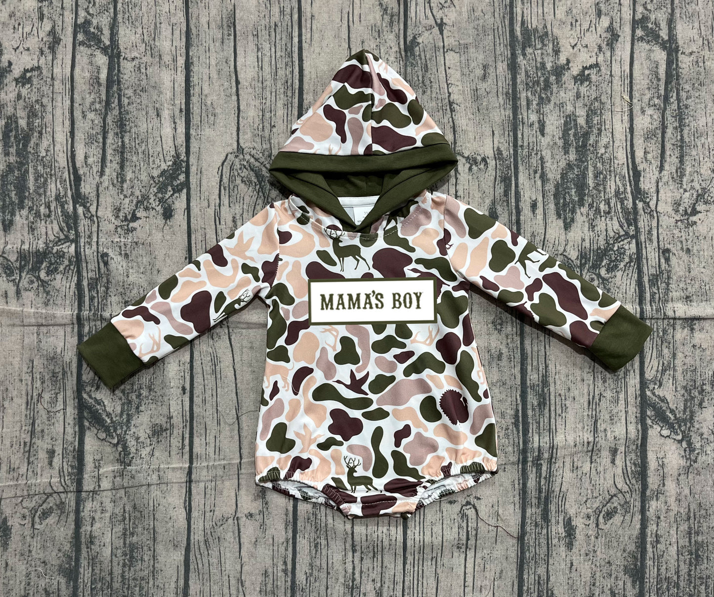 Mama's boy duck deer dog camo baby hoodied romper