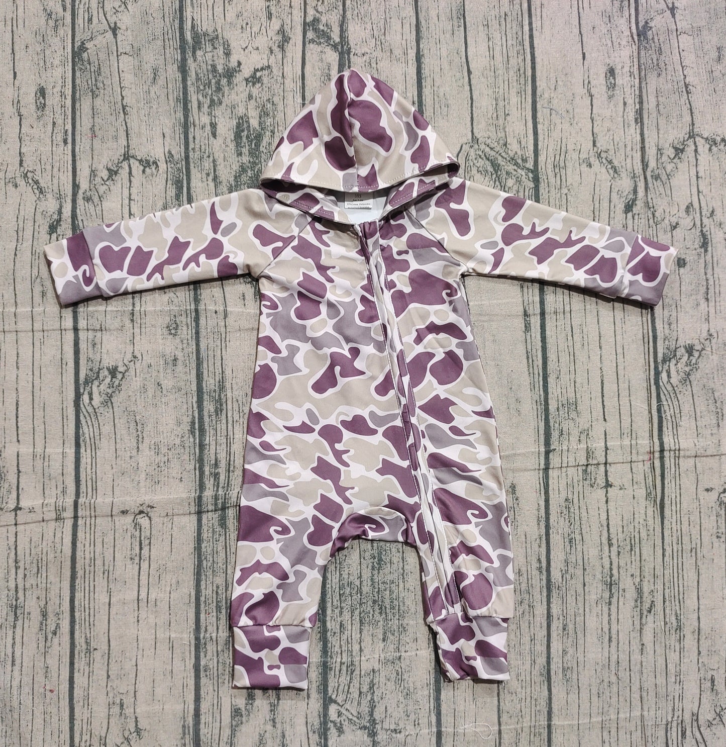 Long sleeves light khaki camo baby hooded zipper romper