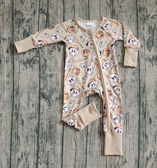 Long sleeves khaki baseball baby kids zipper romper