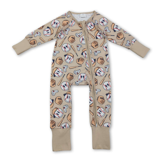 Long sleeves khaki baseball baby kids zipper romper