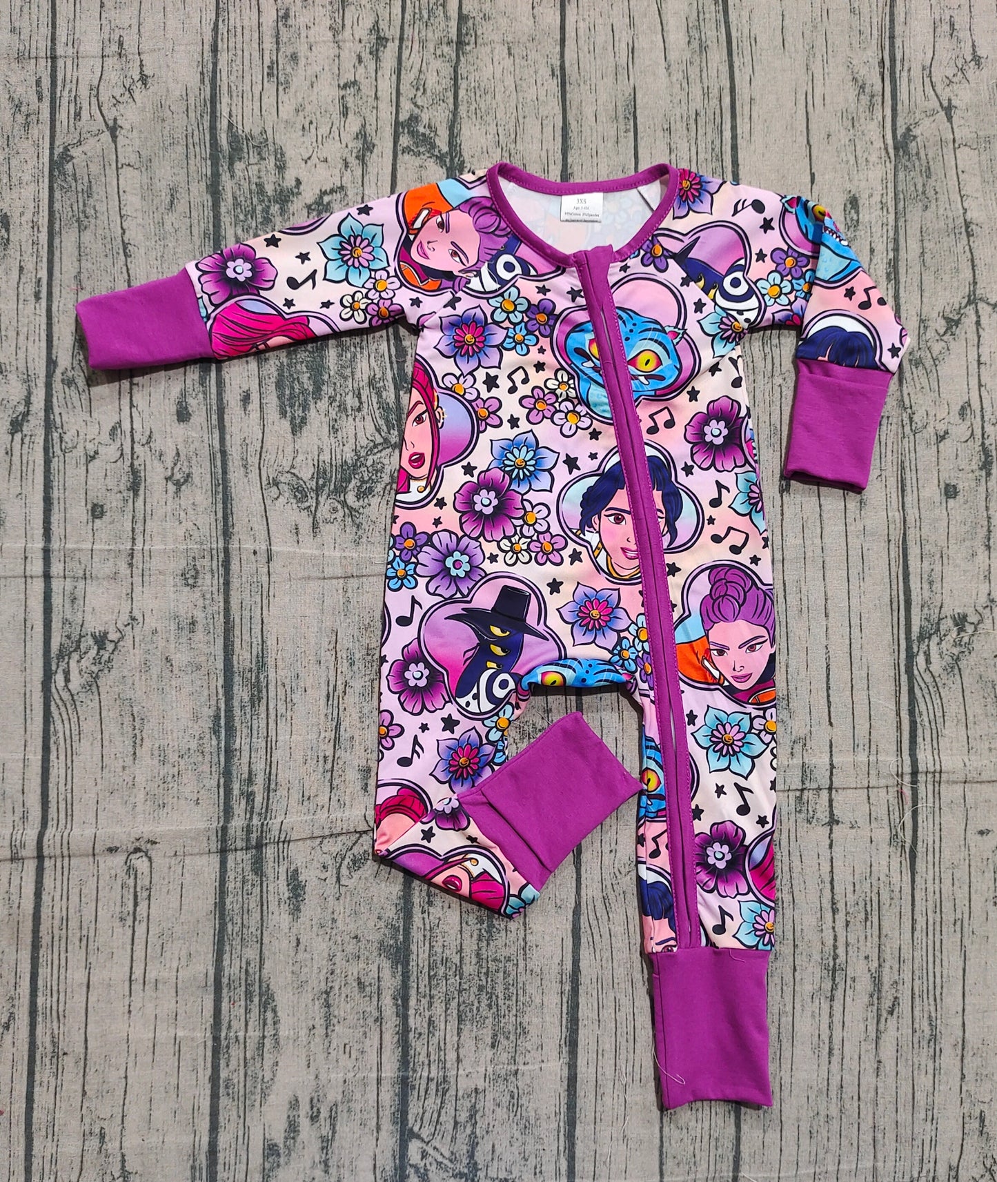 Purple long sleeves floral music baby girls zipper romper