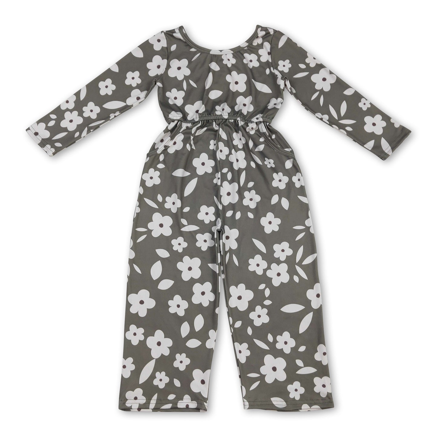 Long sleeves floral pockets kids girls jumpsuit