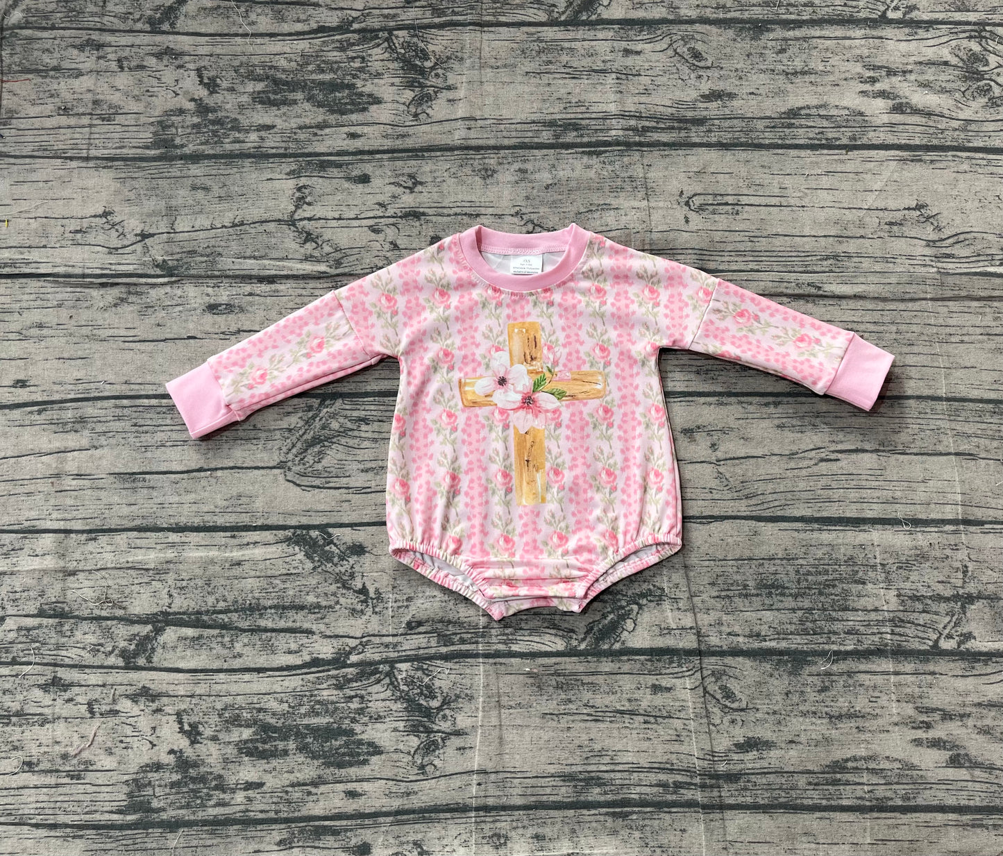 Long sleeves pink floral cross baby girls Easter romper