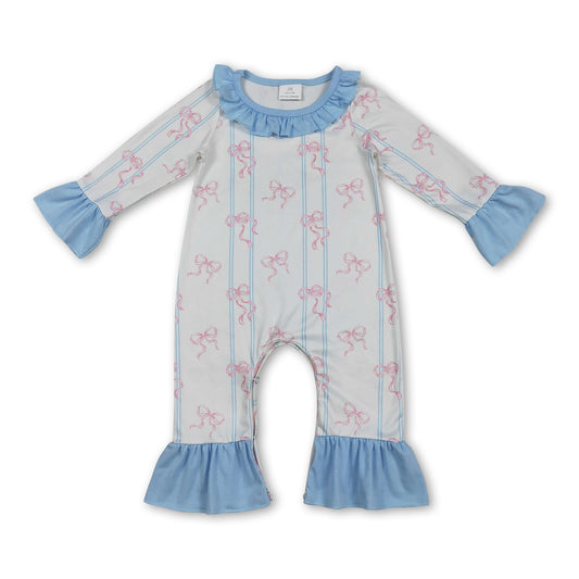Long sleeves pink bow stripe ruffle baby girls romper