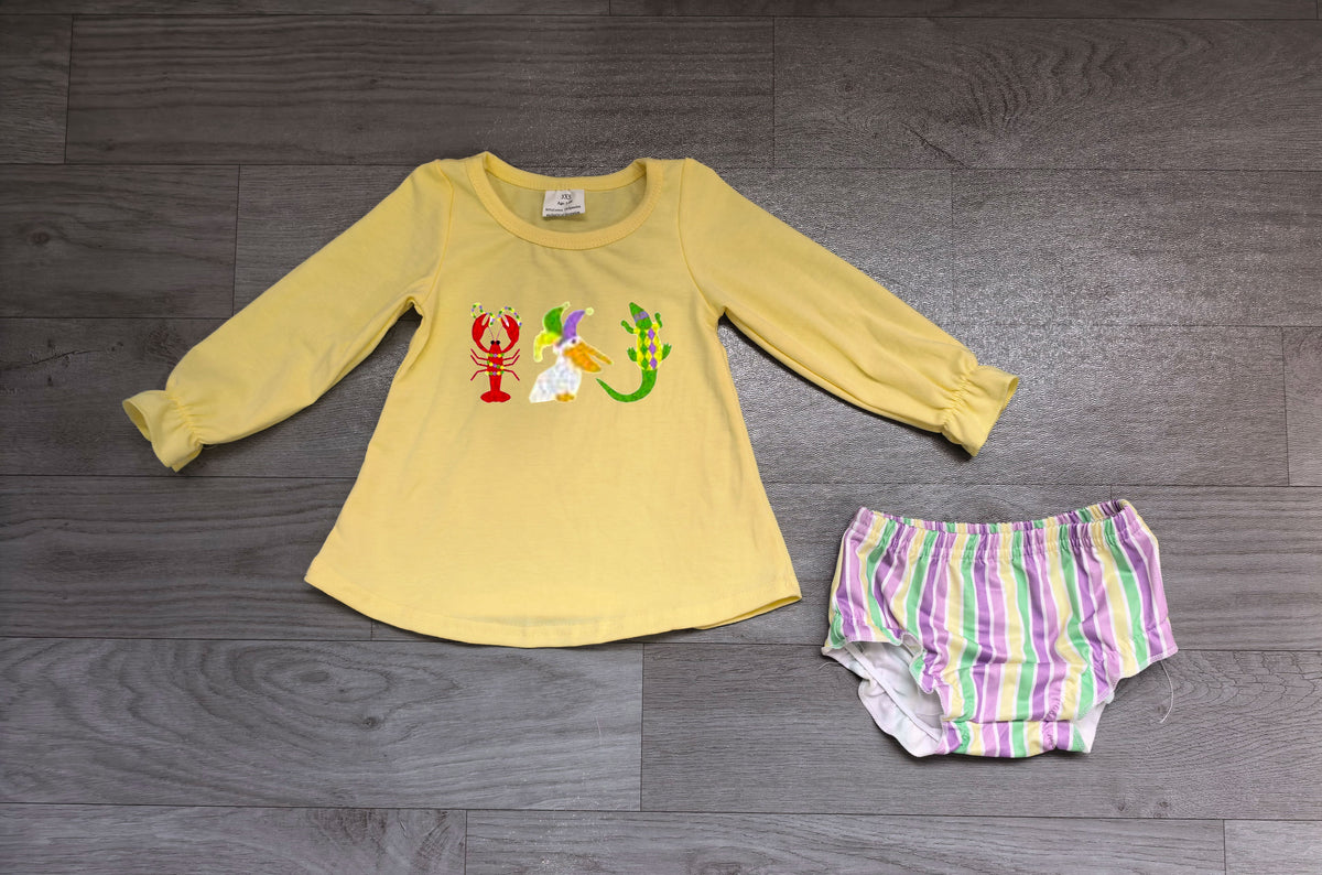 Crawfish pelican crocodile embroidery girls Mardi Gras bummies set