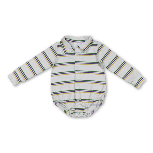Purple green yellow stripe boy Mardi Gras polo romper