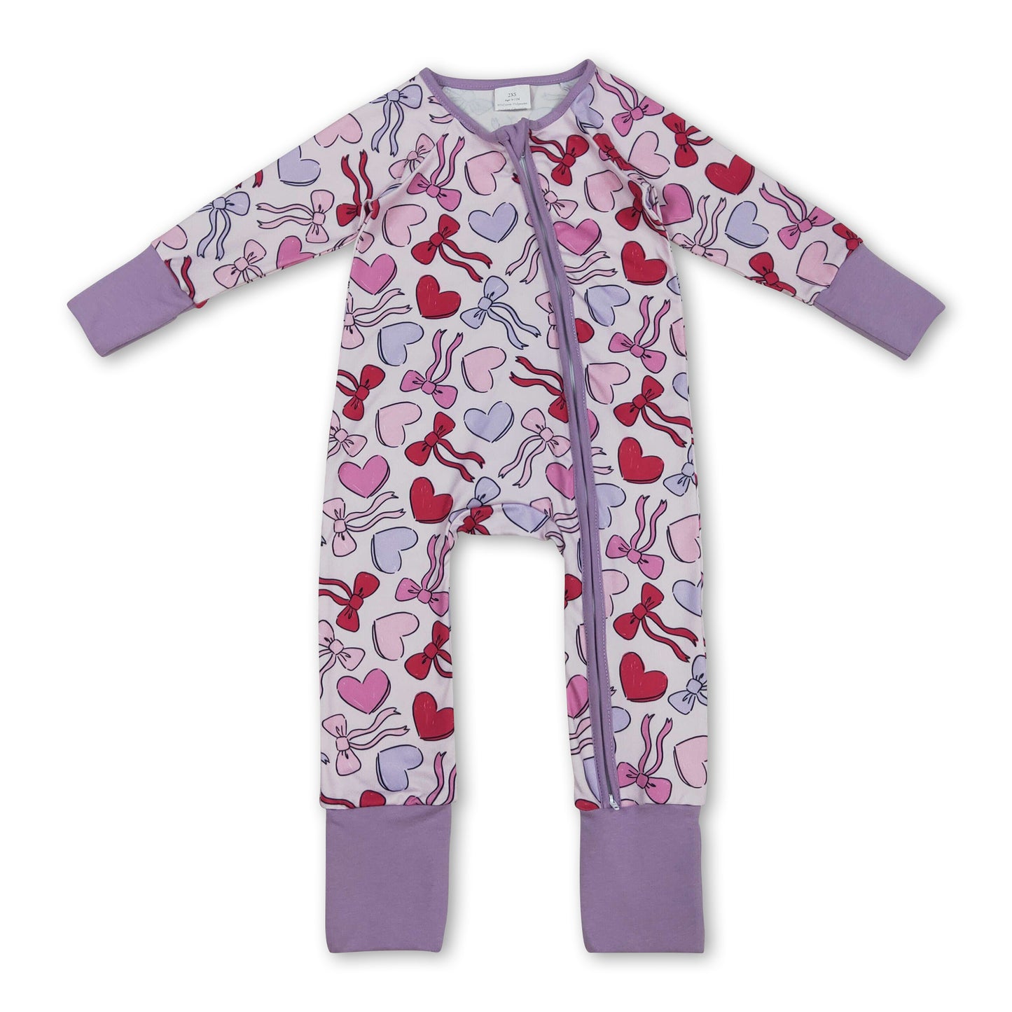 Long sleeves lavender heart bow baby Valentine's romper