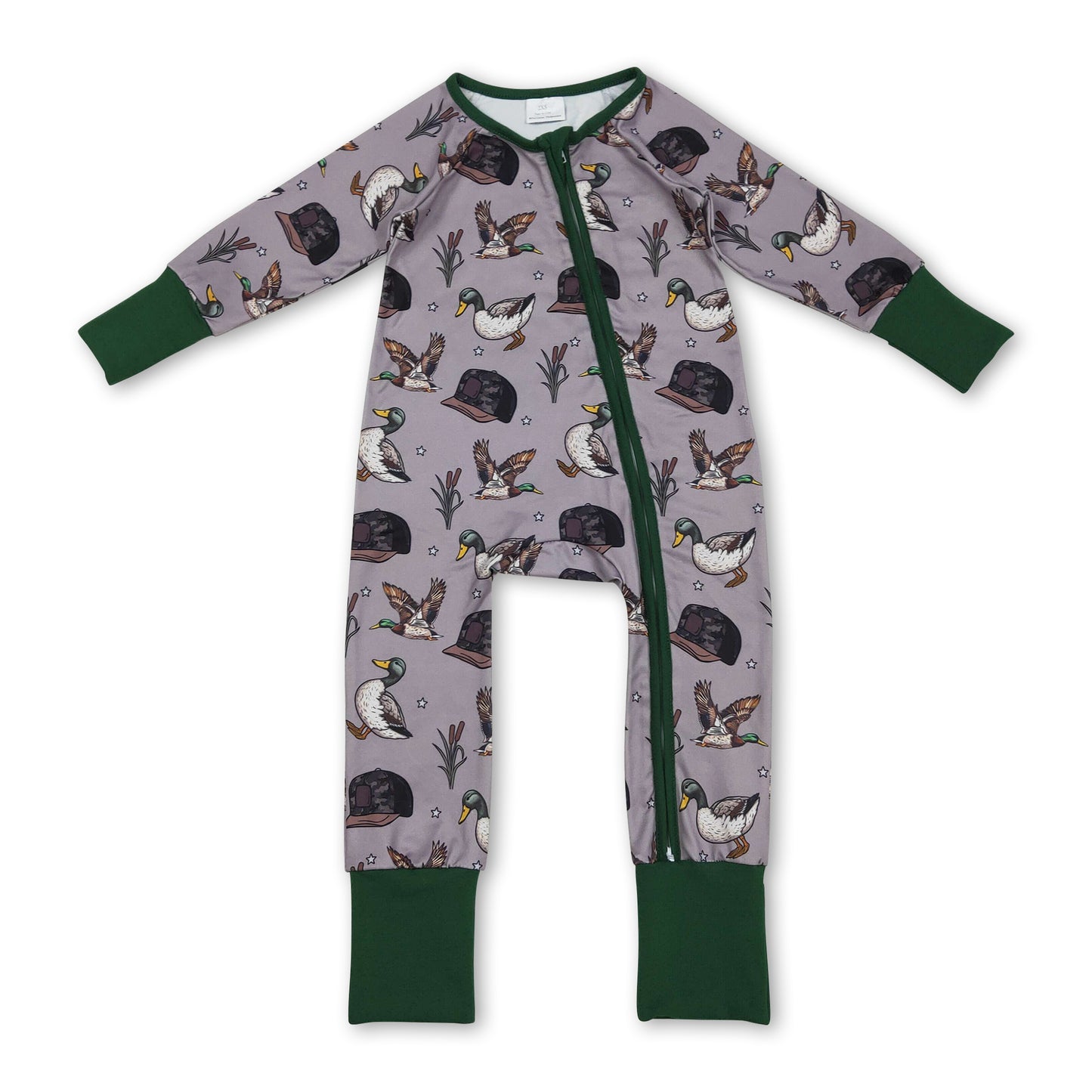 Long sleeves green duck camo hat baby girls zipper romper