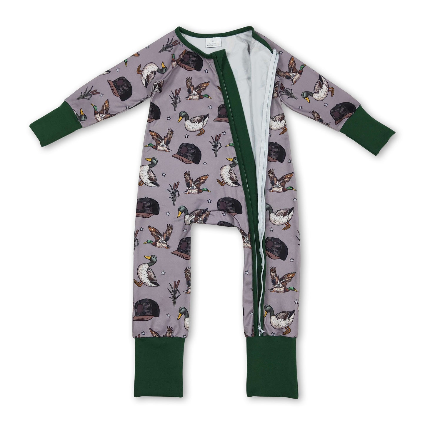 Long sleeves green duck camo hat baby girls zipper romper