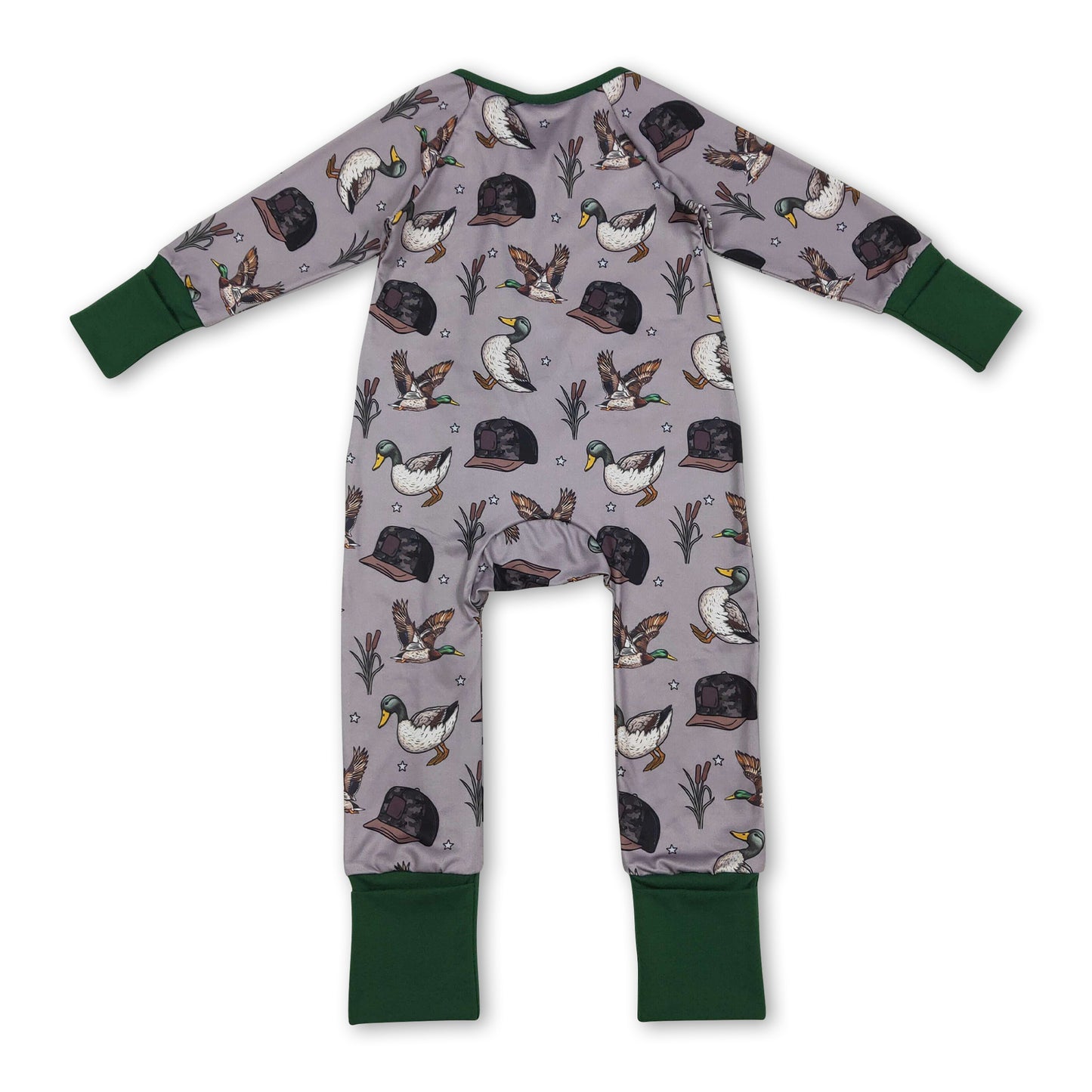 Long sleeves green duck camo hat baby girls zipper romper