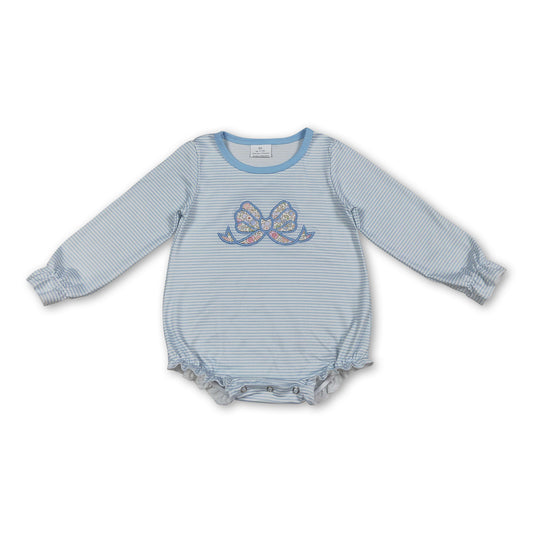 Long sleeves floral bow embroidery stripe baby girl romper