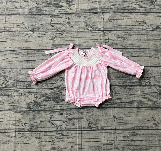 Long sleeves pink smocked bow floral baby girls romper