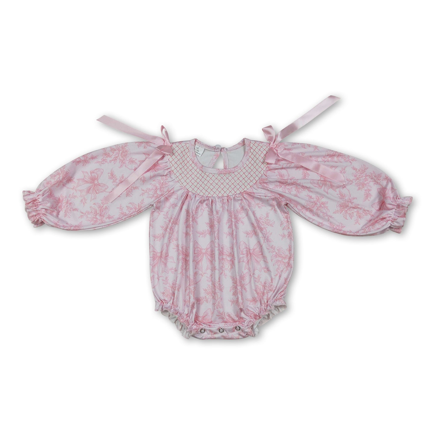Long sleeves pink smocked bow floral baby girls romper