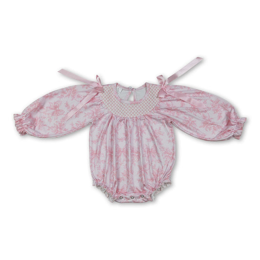 Long sleeves pink smocked bow floral baby girls romper