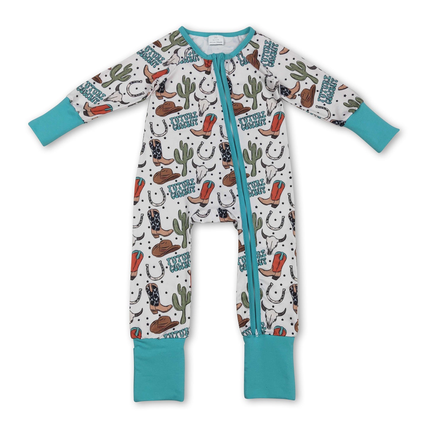 Long sleeves boots bull skull western baby boy zipper romper