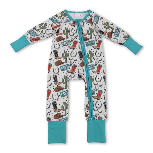 Long sleeves boots bull skull western baby boy zipper romper