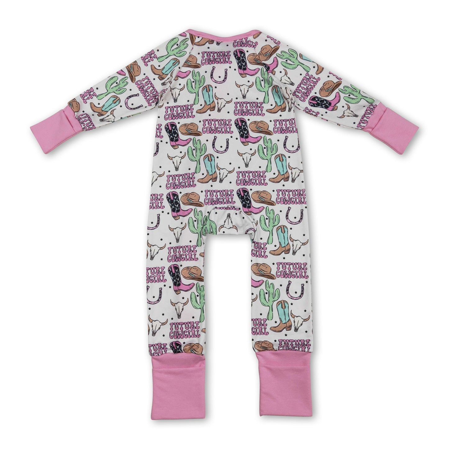 Long sleeves boots bull skull western baby girl zipper romper