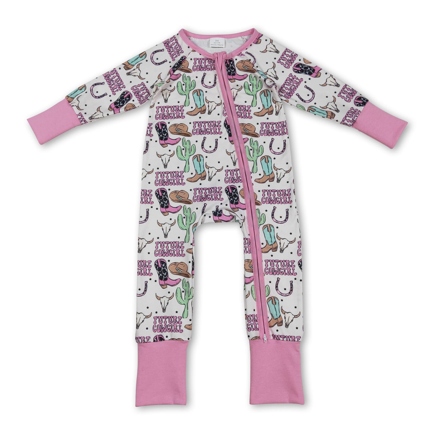 Long sleeves boots bull skull western baby girl zipper romper