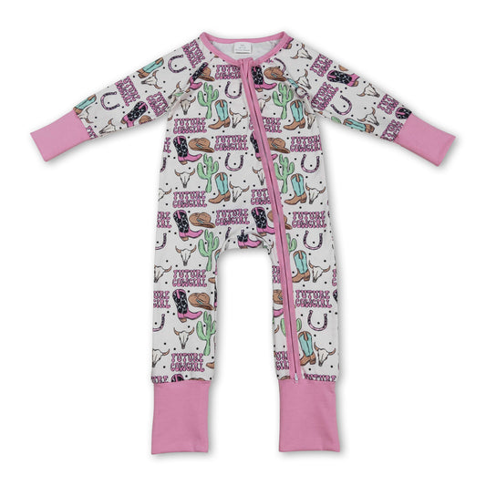 Long sleeves boots bull skull western baby girl zipper romper