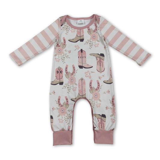Pink stripe long sleeves boots floral baby girls romper