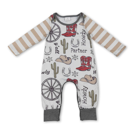 Stripe long sleeves cactus boots western boy romper
