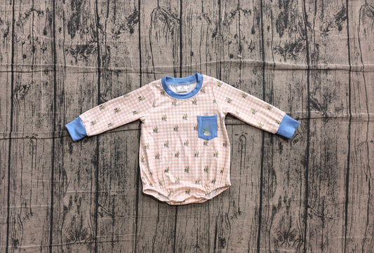 Long sleeves duck embroidery pocket plaid baby boy romper