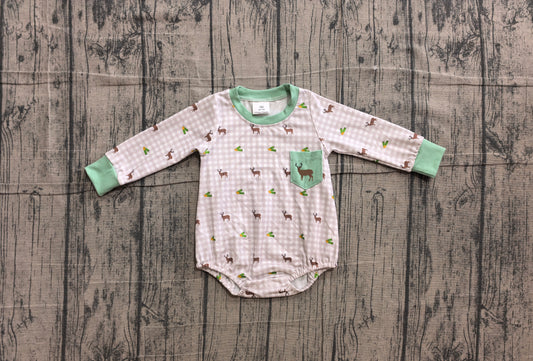 Long sleeves deer embroidery pocket plaid baby boy romper