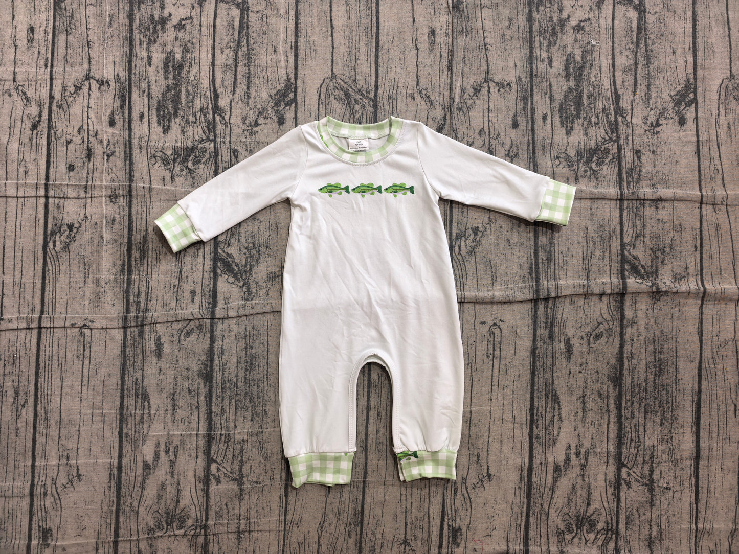 Long sleeves green plaid fish baby boy romper
