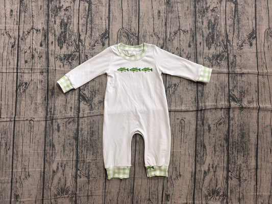 Long sleeves green plaid fish baby boy romper