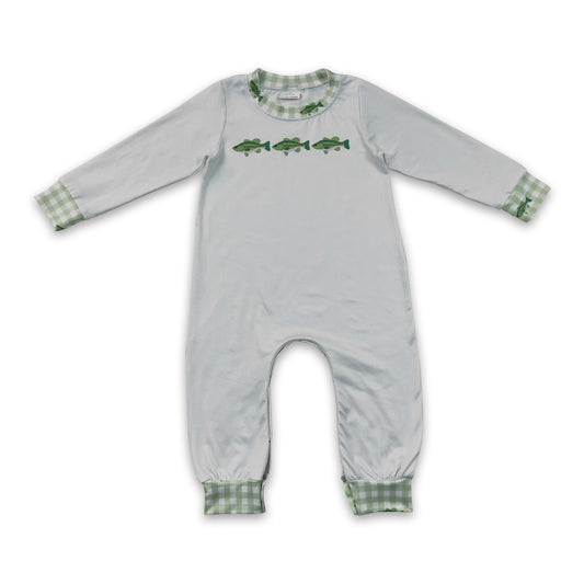 Long sleeves green plaid fish baby boy romper