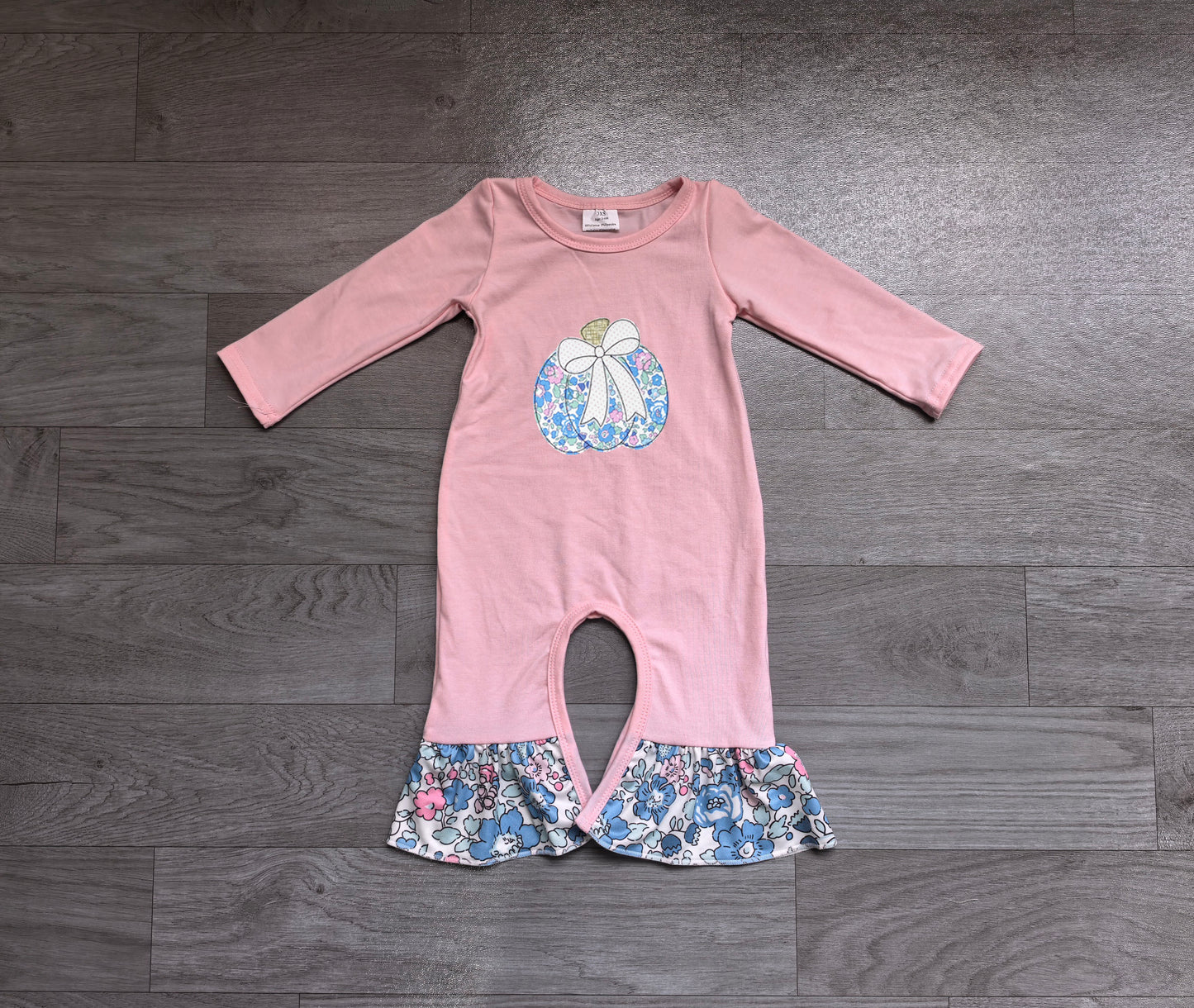 Pink cotton floral bow embroidery girls fall romper