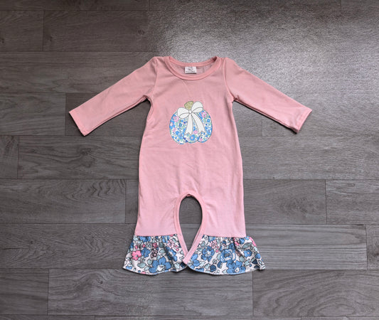 Pink cotton floral bow embroidery girls fall romper