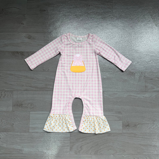 Pink plaid candy corn embroidery girls Halloween romper